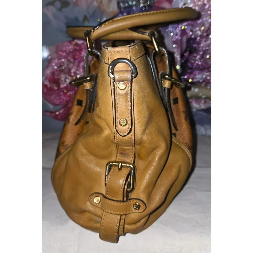Authentic MCM Cognac Visetos Heritage Pleated Two-Way Satchel Bag (R6732)